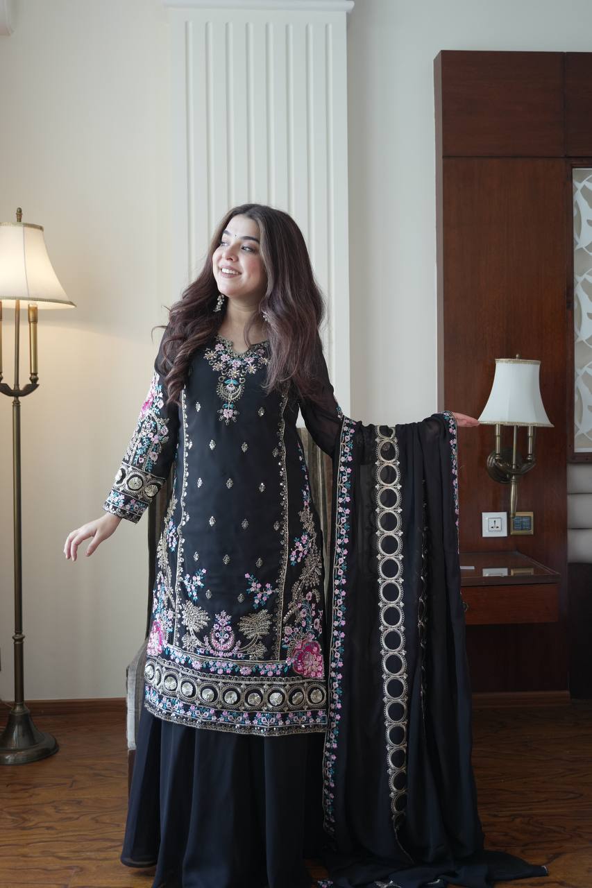Elegant Fox Georgette Kurti Circular Plazzo Set with Embroidered Dupatta