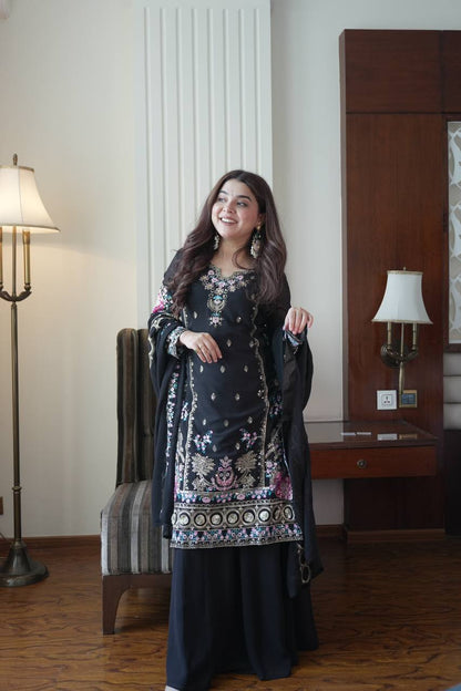 Elegant Fox Georgette Kurti Circular Plazzo Set with Embroidered Dupatta