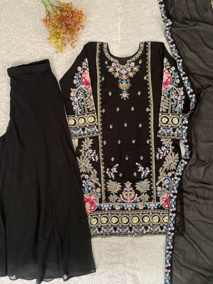 Elegant Fox Georgette Kurti Circular Plazzo Set with Embroidered Dupatta