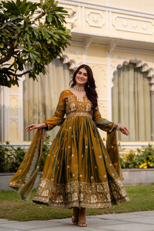 Exclusive Dual Tone Fendy Satin Embroidered Gown with Dupatta – Heavy Embroidery Party Wear Designer Gown for Women