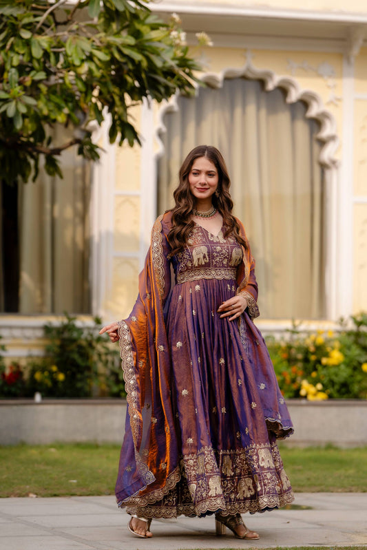 Exclusive Dual Tone Fendy Satin Embroidered Gown with Dupatta – Heavy Embroidery Party Wear Designer Gown for Women