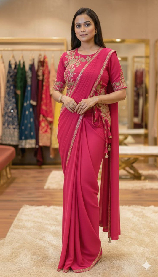 Ready to Wear Chinnon Silk Drape Saree with Sequence Embroidery & Stitched Blouse – Designer Party Wear Festive Saree