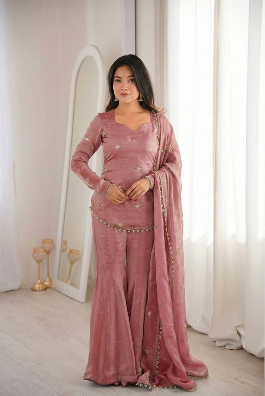 Women’s Fendy Silk Sharara Suit Set with Embroidery Sequence Work Dupatta | Fully Stitched Ready to Wear Party Wear Outfit