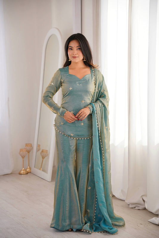 Women’s Fendy Silk Sharara Suit Set with Embroidery Sequence Work Dupatta | Fully Stitched Ready to Wear Party Wear Outfit
