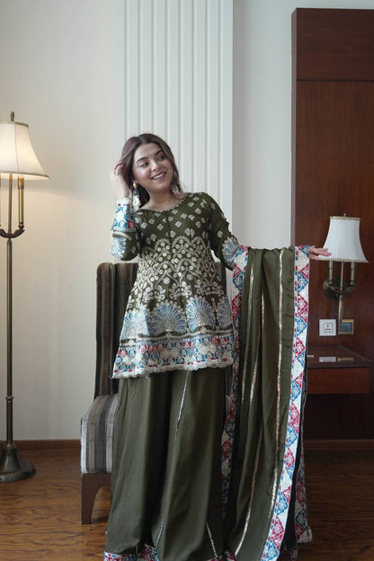 Designer Chinon Top Kali Plazzo Set with Embroidered Dupatta