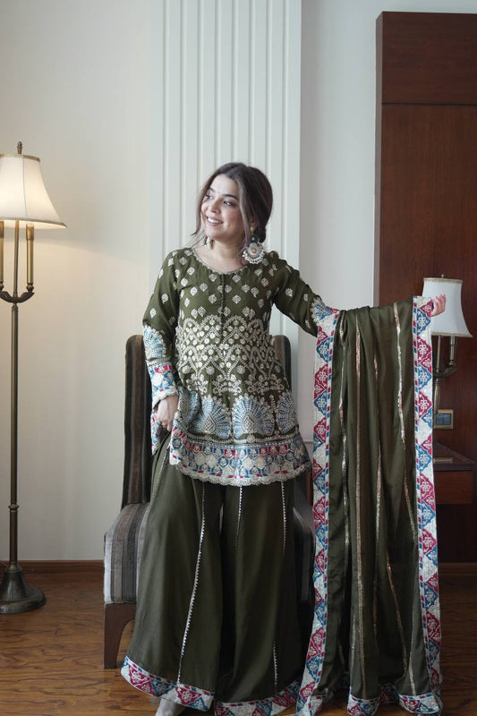 Designer Chinon Top Kali Plazzo Set with Embroidered Dupatta