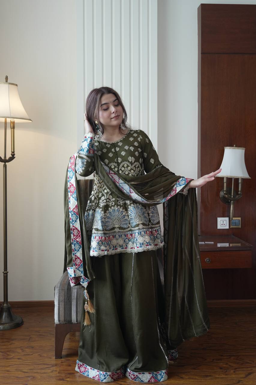 Designer Chinon Top Kali Plazzo Set with Embroidered Dupatta