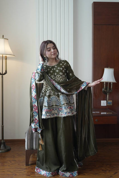 Designer Chinon Top Kali Plazzo Set with Embroidered Dupatta