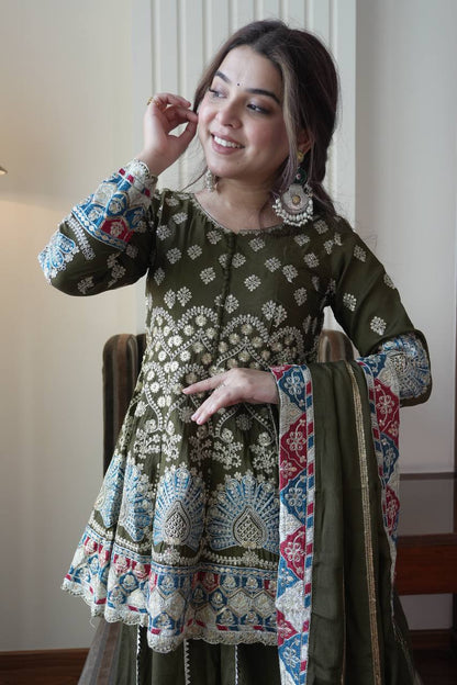 Designer Chinon Top Kali Plazzo Set with Embroidered Dupatta