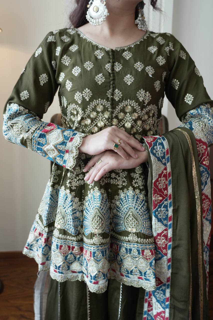 Designer Chinon Top Kali Plazzo Set with Embroidered Dupatta