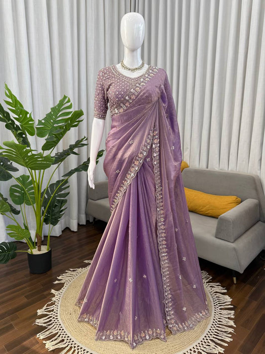 Designer Fendy Silk Saree with Heavy Beads, Thread & Sequence Work – Wedding & Party Wear Saree with Unstitched Blouse