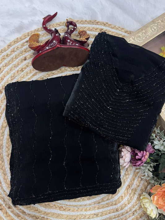 Black Space Silk Saree with Diamond Work – Designer Party Wear Wedding Saree with Diamond Blouse