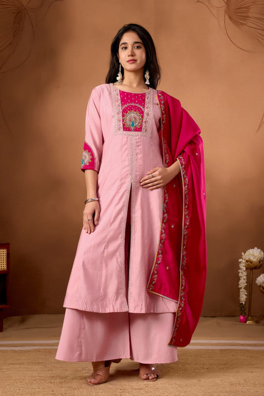 Roman Silk Anarkali Kurti Set with Plazo & Embroidered Dupatta