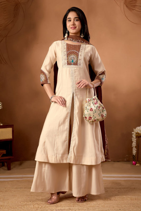 Roman Silk Anarkali Kurti Set with Plazo & Embroidered Dupatta