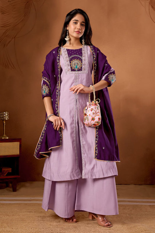 Roman Silk Anarkali Kurti Set with Plazo & Embroidered Dupatta