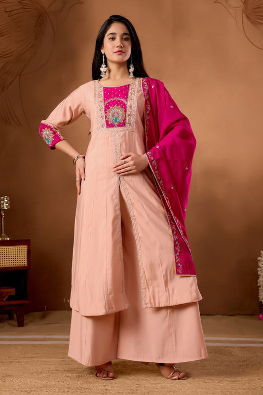 Roman Silk Anarkali Kurti Set with Plazo & Embroidered Dupatta