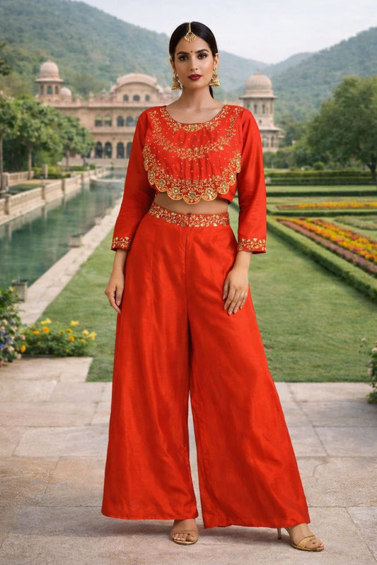 Chinnon Silk Embroidered Kurti Plazo Set with Sequence & Pearl Work – Festive Wedding Party Wear Outfit for Women