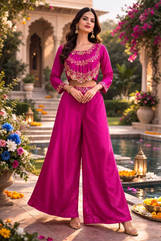 Chinnon Silk Embroidered Kurti Plazo Set with Sequence & Pearl Work – Festive Wedding Party Wear Outfit for Women