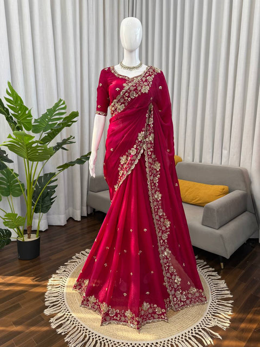 Fendy Silk Designer Saree with Heavy Beads, Thread & Sequence Work – Party Wear Wedding Saree with Unstitched Blouse