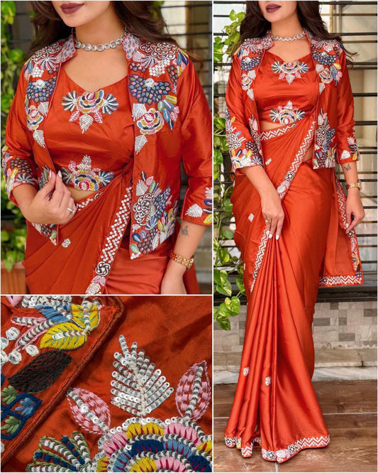 Super Trending Ready to Wear Party Saree with Embroidered Jacket Koti, Heavy Japan Satin