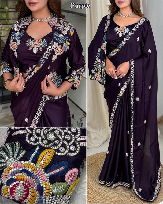 Super Trending Ready to Wear Party Saree with Embroidered Jacket Koti, Heavy Japan Satin