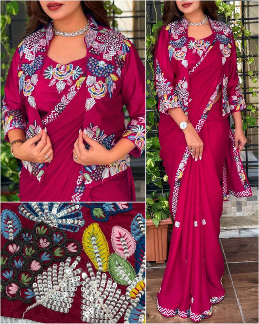 Super Trending Ready to Wear Party Saree with Embroidered Jacket Koti, Heavy Japan Satin