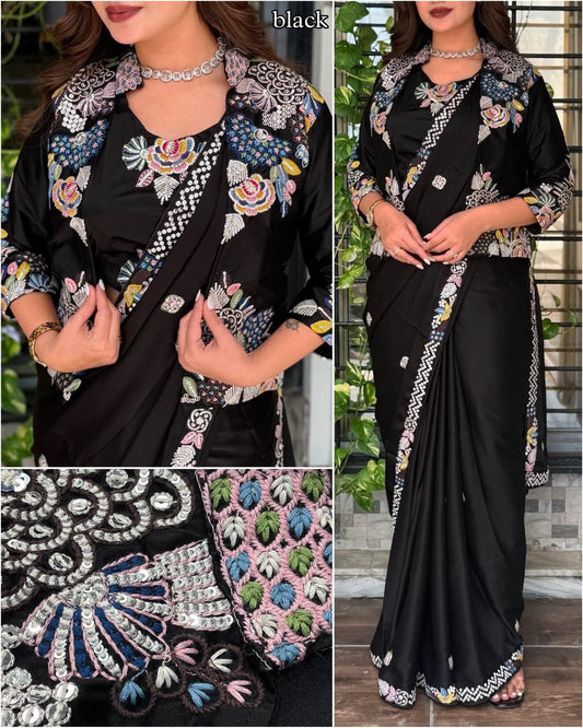 Super Trending Ready to Wear Party Saree with Embroidered Jacket Koti, Heavy Japan Satin