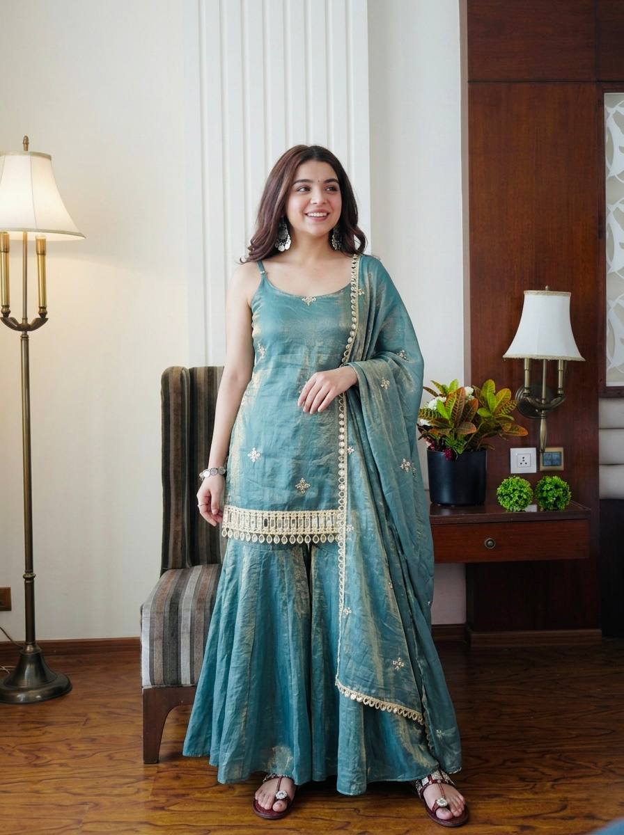 Fendy Silk Embroidered Sharara Suit Set with Real Mirror Work – Designer Party & Wedding Wear Sharara Plazzo Set for Women