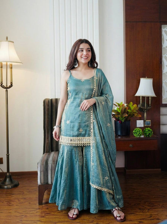 Fendy Silk Embroidered Sharara Suit Set with Real Mirror Work – Designer Party & Wedding Wear Sharara Plazzo Set for Women