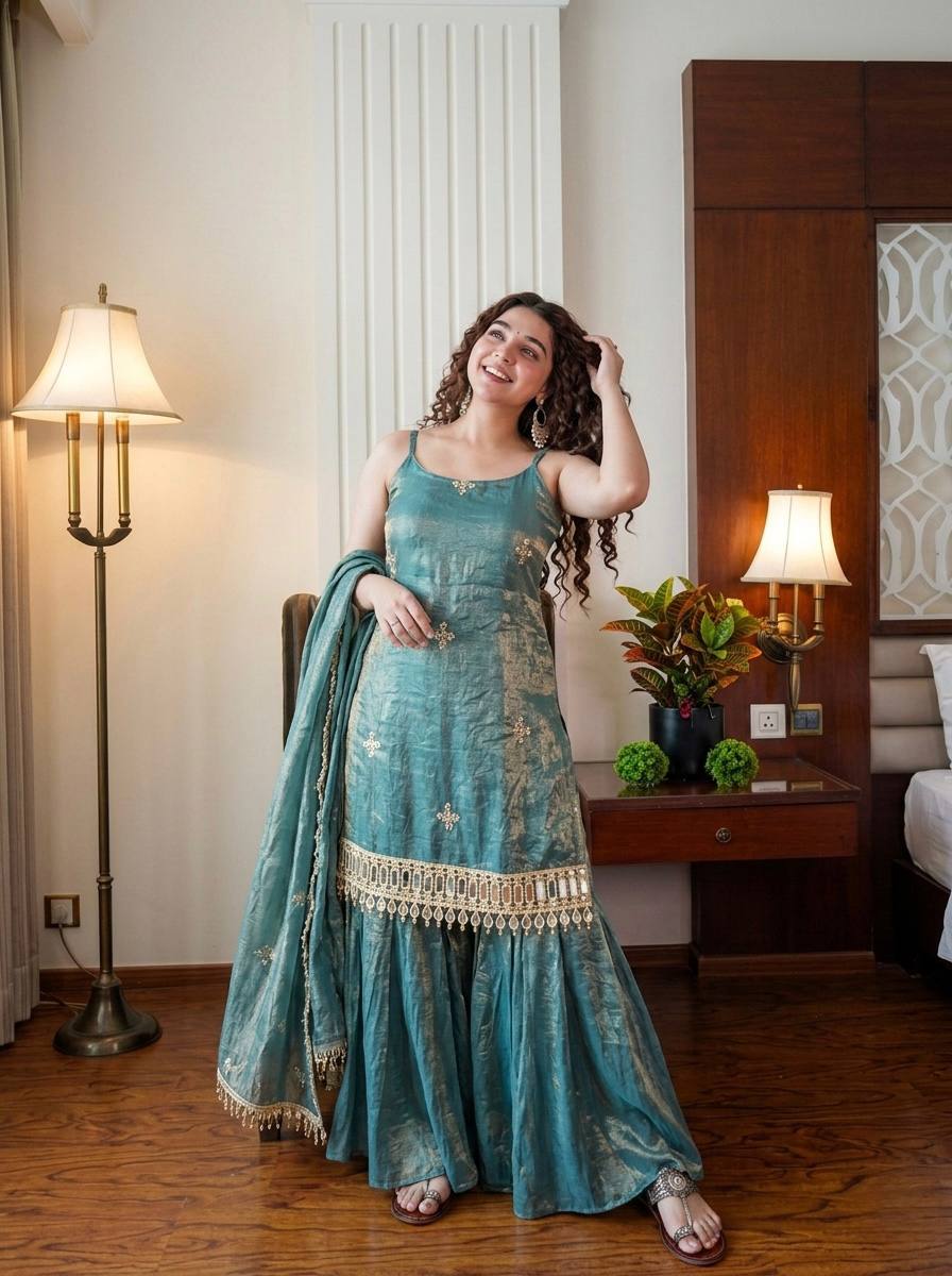 Fendy Silk Embroidered Sharara Suit Set with Real Mirror Work – Designer Party & Wedding Wear Sharara Plazzo Set for Women