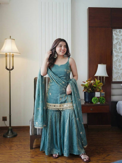 Fendy Silk Embroidered Sharara Suit Set with Real Mirror Work – Designer Party & Wedding Wear Sharara Plazzo Set for Women
