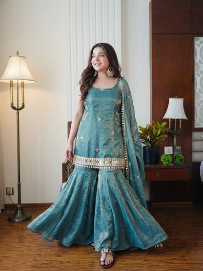 Fendy Silk Embroidered Sharara Suit Set with Real Mirror Work – Designer Party & Wedding Wear Sharara Plazzo Set for Women