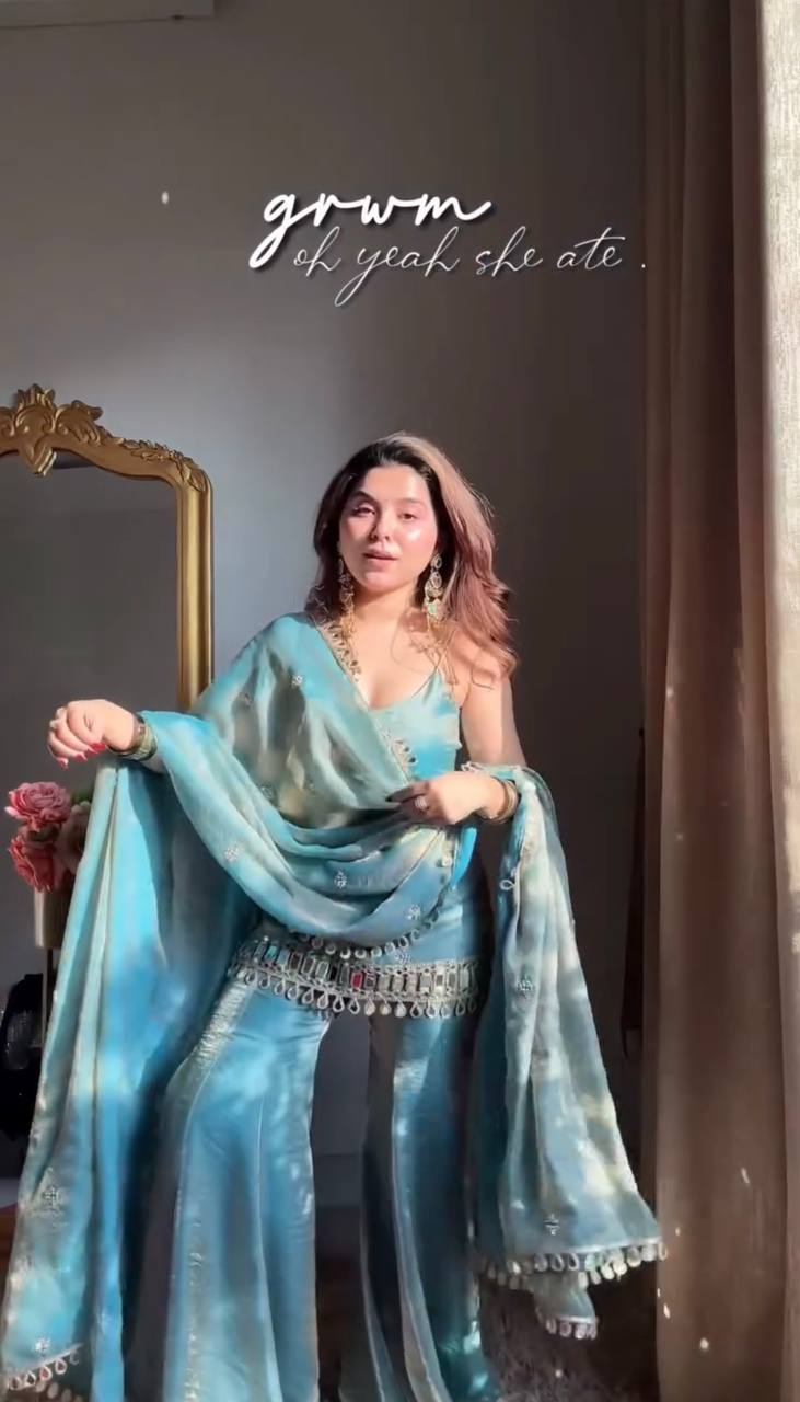 Fendy Silk Embroidered Sharara Suit Set with Real Mirror Work – Designer Party & Wedding Wear Sharara Plazzo Set for Women