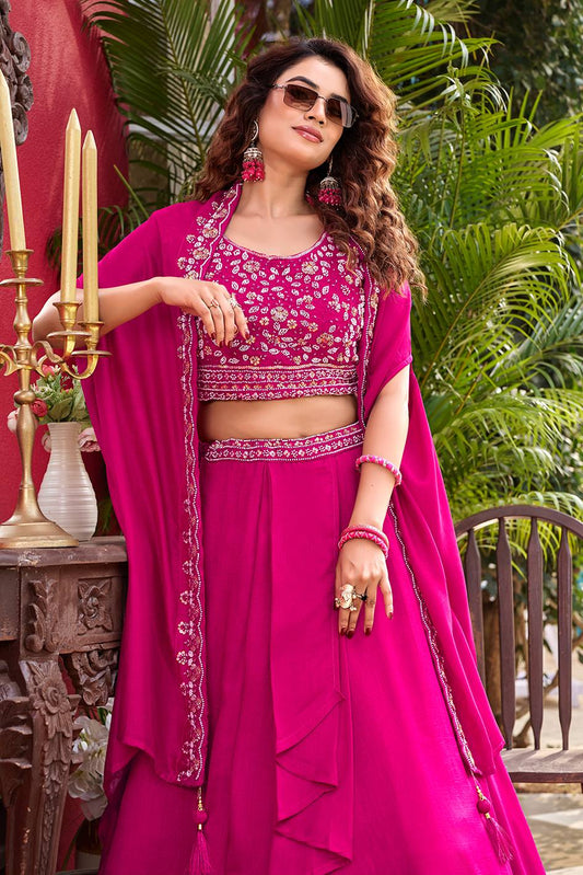 Pure Vichitra Silk Embroidered Lehenga Choli with Shrug Style Dupatta – Heavy Moti Beads & Sequence Work Wedding Lehenga Set