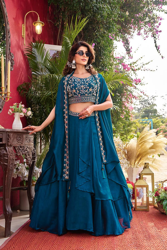 Pure Vichitra Silk Embroidered Lehenga Choli with Shrug Style Dupatta – Heavy Moti Beads & Sequence Work Wedding Lehenga Set