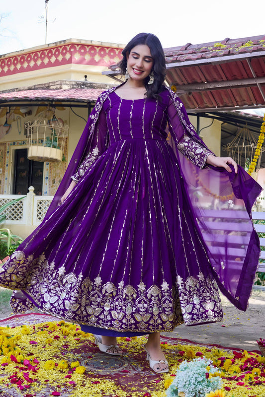 Designer Fox Georgette Anarkali Gown with Heavy Sequence Embroidery & Dupatta