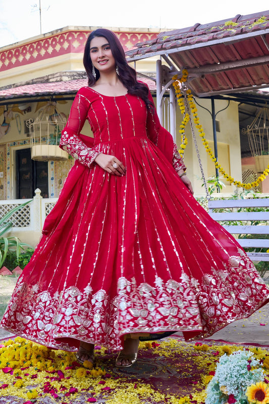 Designer Fox Georgette Anarkali Gown with Heavy Sequence Embroidery & Dupatta