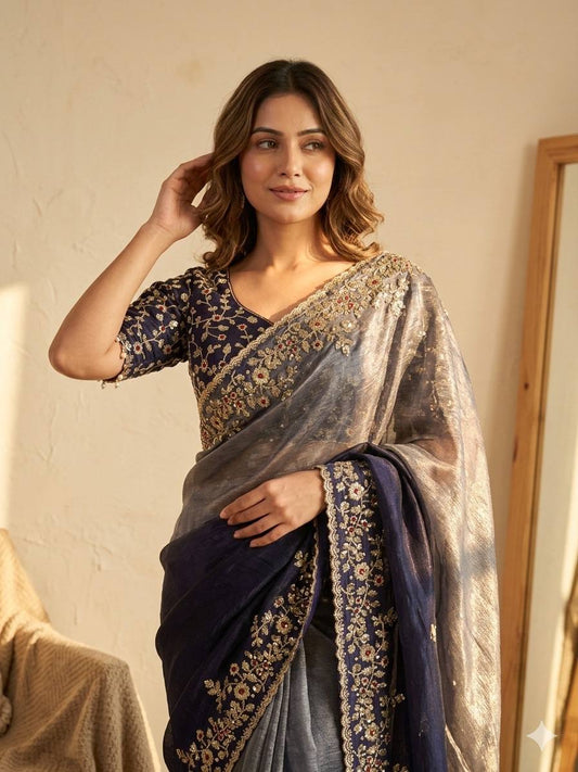 Shaded Frendy Chiffon Sequins Embroidered Saree with Heavy Sequins Mono Banglori Stitched Blouse – Designer Party Wear Saree
