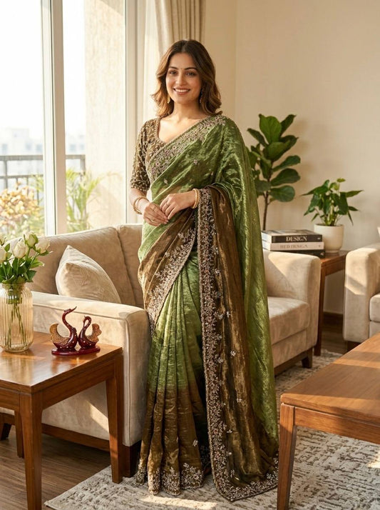 Shaded Frendy Chiffon Sequins Embroidered Saree with Heavy Sequins Mono Banglori Stitched Blouse – Designer Party Wear Saree