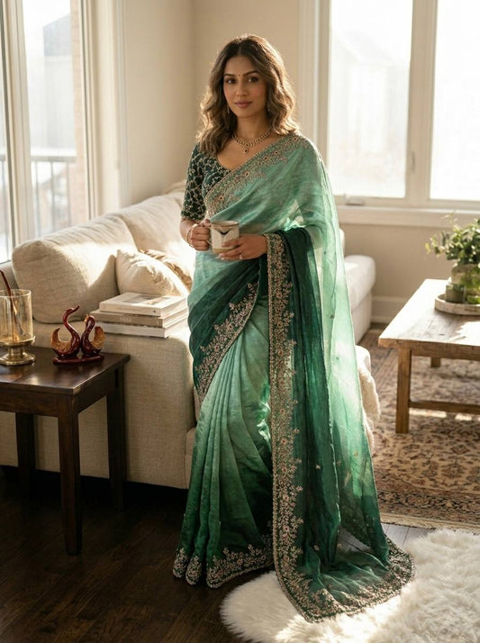Shaded Frendy Chiffon Sequins Embroidered Saree with Heavy Sequins Mono Banglori Stitched Blouse – Designer Party Wear Saree