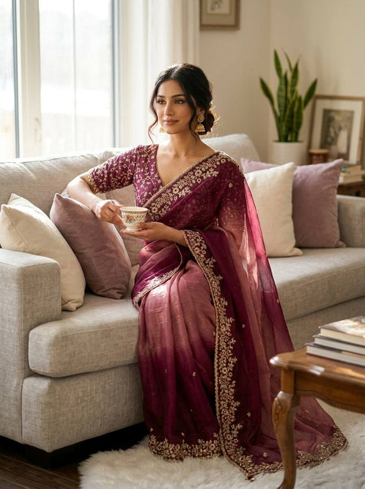 Shaded Frendy Chiffon Sequins Embroidered Saree with Heavy Sequins Mono Banglori Stitched Blouse – Designer Party Wear Saree