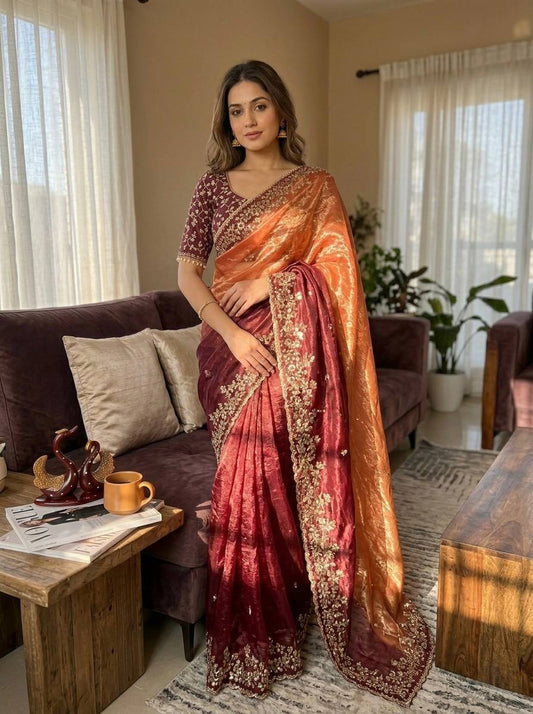 Shaded Frendy Chiffon Sequins Embroidered Saree with Heavy Sequins Mono Banglori Stitched Blouse – Designer Party Wear Saree