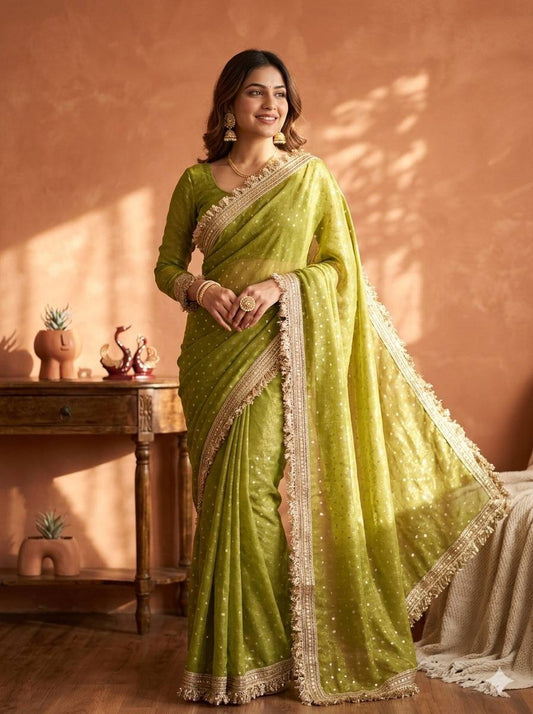 Moss Silk Jacquard Butti Designer Saree with Fancy Lace Border – Elegant Party & Festive Wear Saree with Blouse