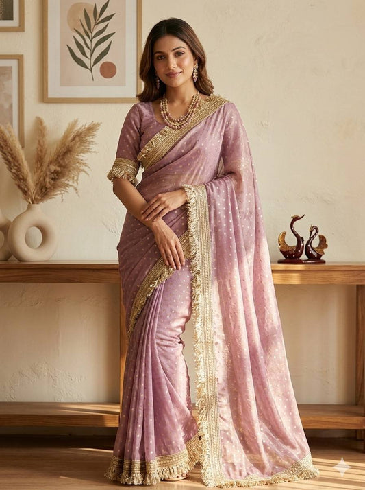 Moss Silk Jacquard Butti Designer Saree with Fancy Lace Border – Elegant Party & Festive Wear Saree with Blouse