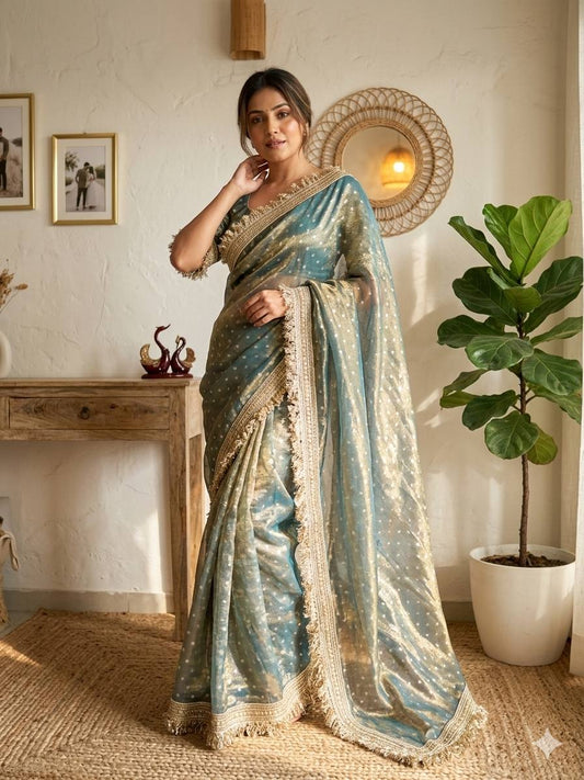 Moss Silk Jacquard Butti Designer Saree with Fancy Lace Border – Elegant Party & Festive Wear Saree with Blouse