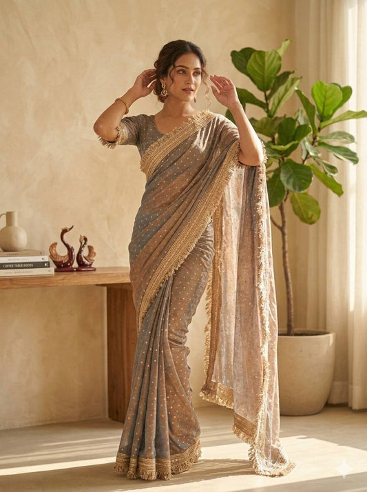 Moss Silk Jacquard Butti Designer Saree with Fancy Lace Border – Elegant Party & Festive Wear Saree with Blouse