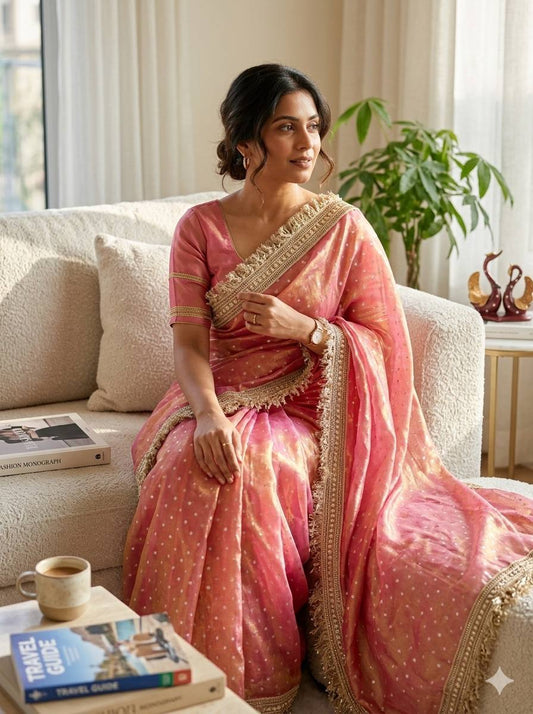 Moss Silk Jacquard Butti Designer Saree with Fancy Lace Border – Elegant Party & Festive Wear Saree with Blouse