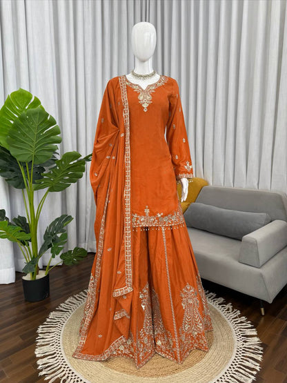 Heavy Natural Crepe Designer Sharara Suit Set with Thread & Sequence Work – Elegant Wedding & Festive Wear Sharara Outfit for Women