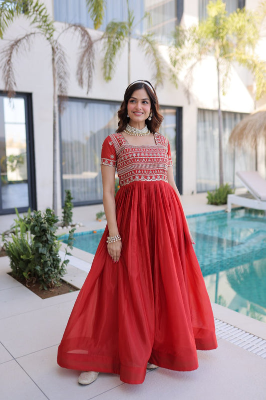 Women’s Designer HO Fabric Gown with Sequins, Zari & Pipe Beads Embroidery | Square Neck Party Wear Long Gown
