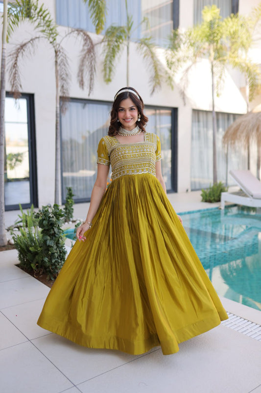Women’s Designer HO Fabric Gown with Sequins, Zari & Pipe Beads Embroidery | Square Neck Party Wear Long Gown